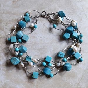 Vintage 90s Estate Howlite Turquoise Cube Freshwater 5 Strand Statement Necklace